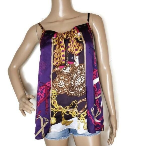 Express Women Purple Multicolor Chain Print Satin Tie-Front Camisole tank Top xs - Picture 3 of 7